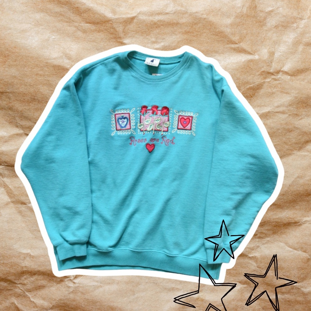 Vintage Teal embroidered heart and rose Sweatshirt